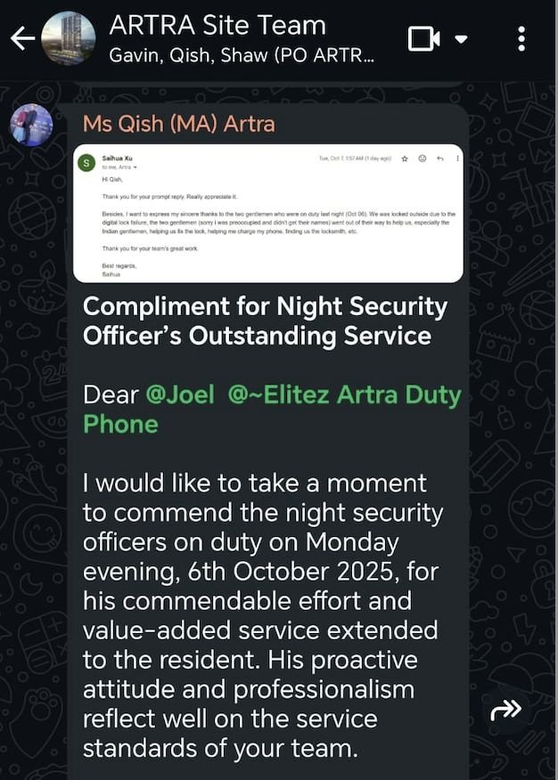 WhatsApp commendation message from ARTRA resident about security officer