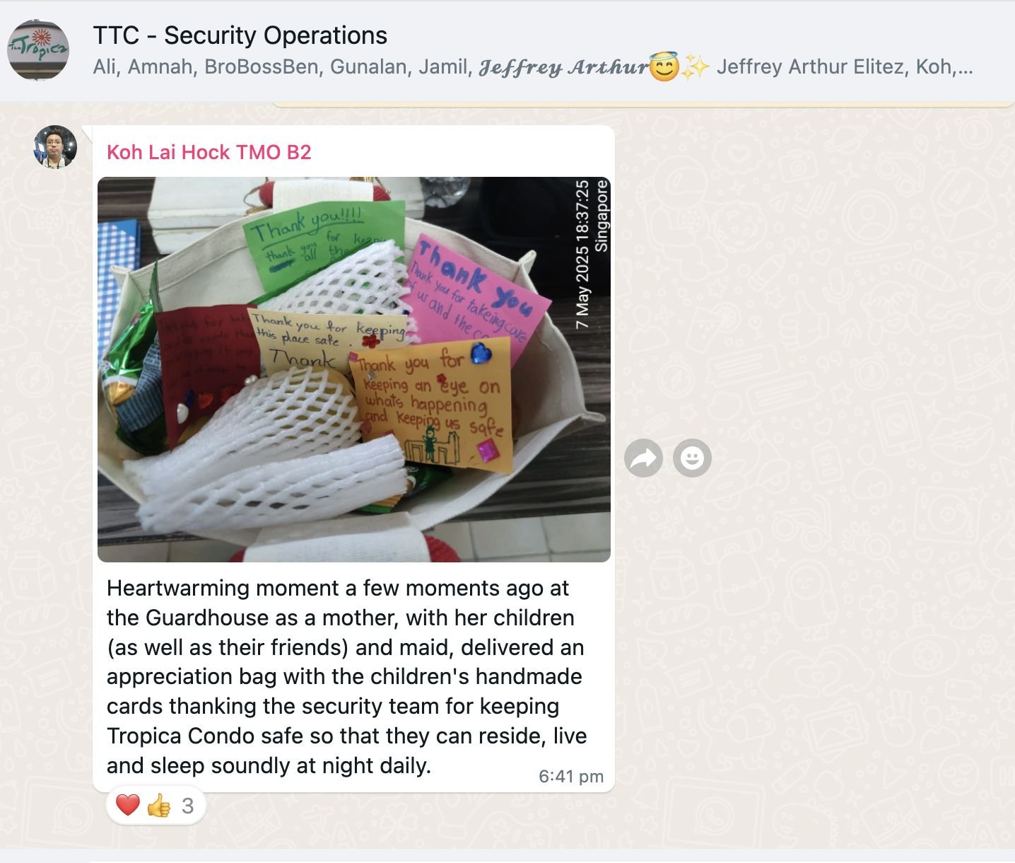 Handwritten appreciation cards from Tropica Condominium residents for security team