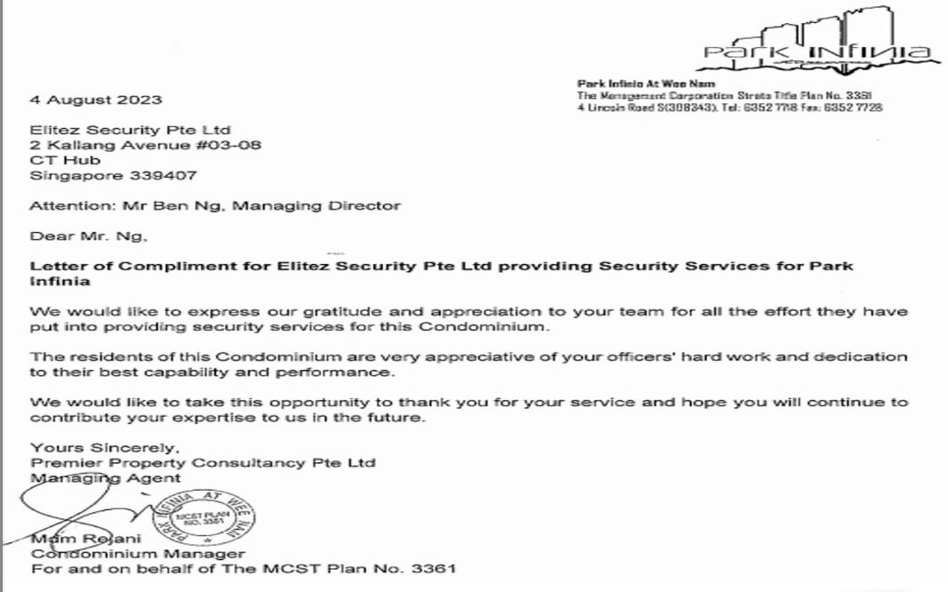 Formal commendation letter from Park Infinia MCST to Elitez Security